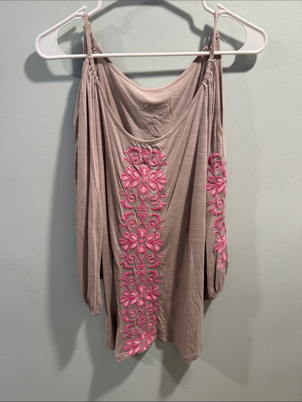 INC International Concepts Taupe Cold-Shoulder Tunic with Pink Embroidery Size M